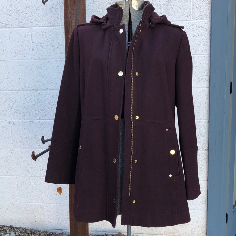 Michael Kors Wool Coat Eggplant Burgundy Hooded Gold Hardware Zip Snap Jacket L